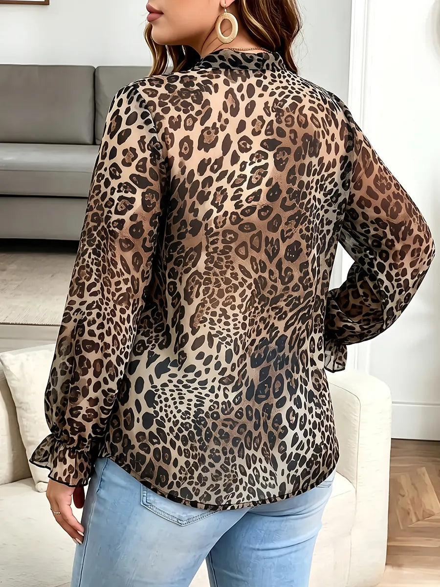 Vintage Elegant Chiffon Leopard Print Lace-up Shirt