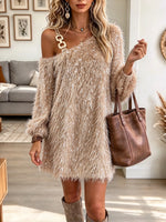 Women's One-Shoulder Chain Strap Shimmer Fringe Dress