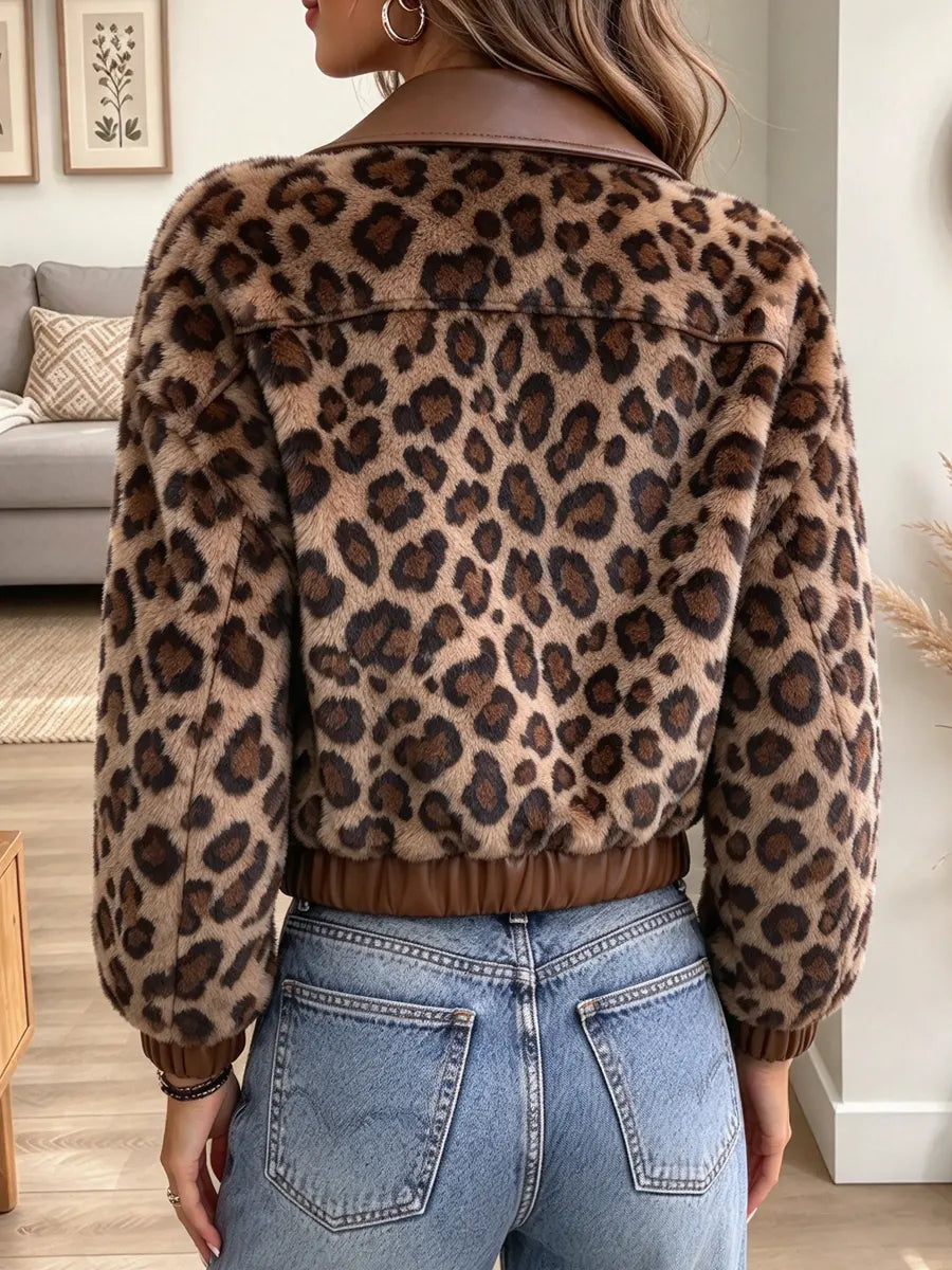 Retro Chic Leopard Leather Patchwork Art Casual Stylish Long Sleeve Coat
