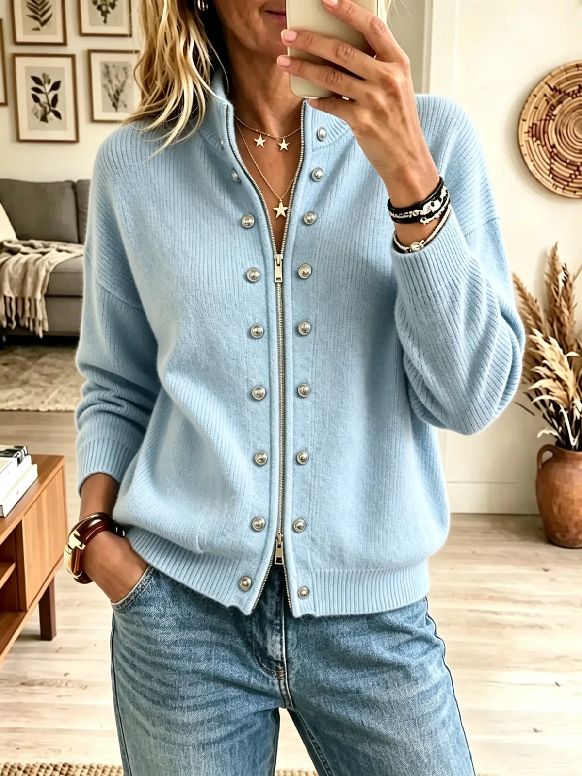Women's Military Button Zip-Front Ribbed Cardigan