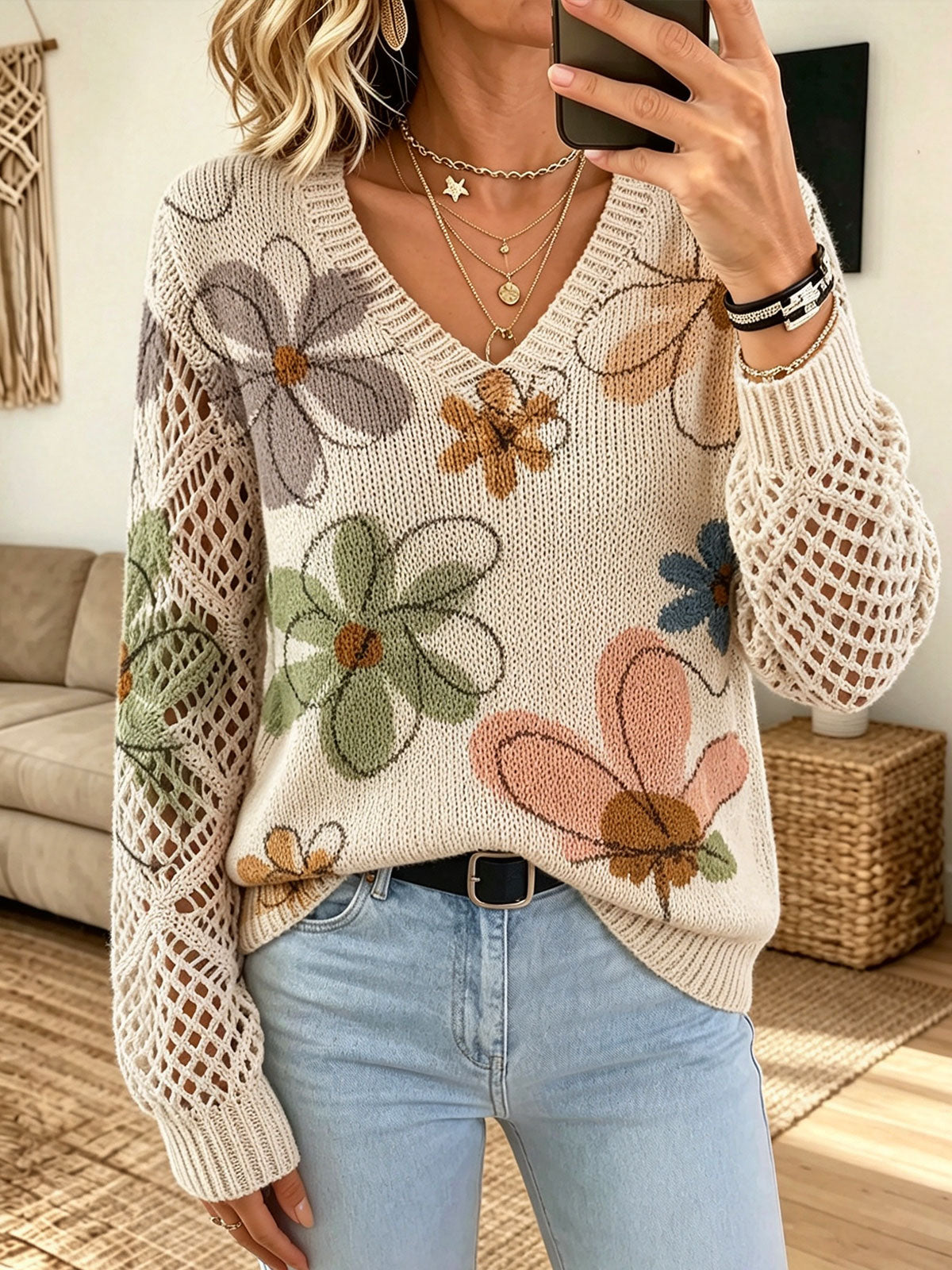 Women V‑Neck Floral Print Hollow Crochet Long Sleeve Knit Sweater