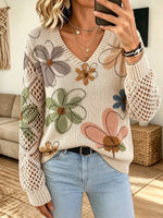 Women V‑Neck Floral Print Hollow Crochet Long Sleeve Knit Sweater