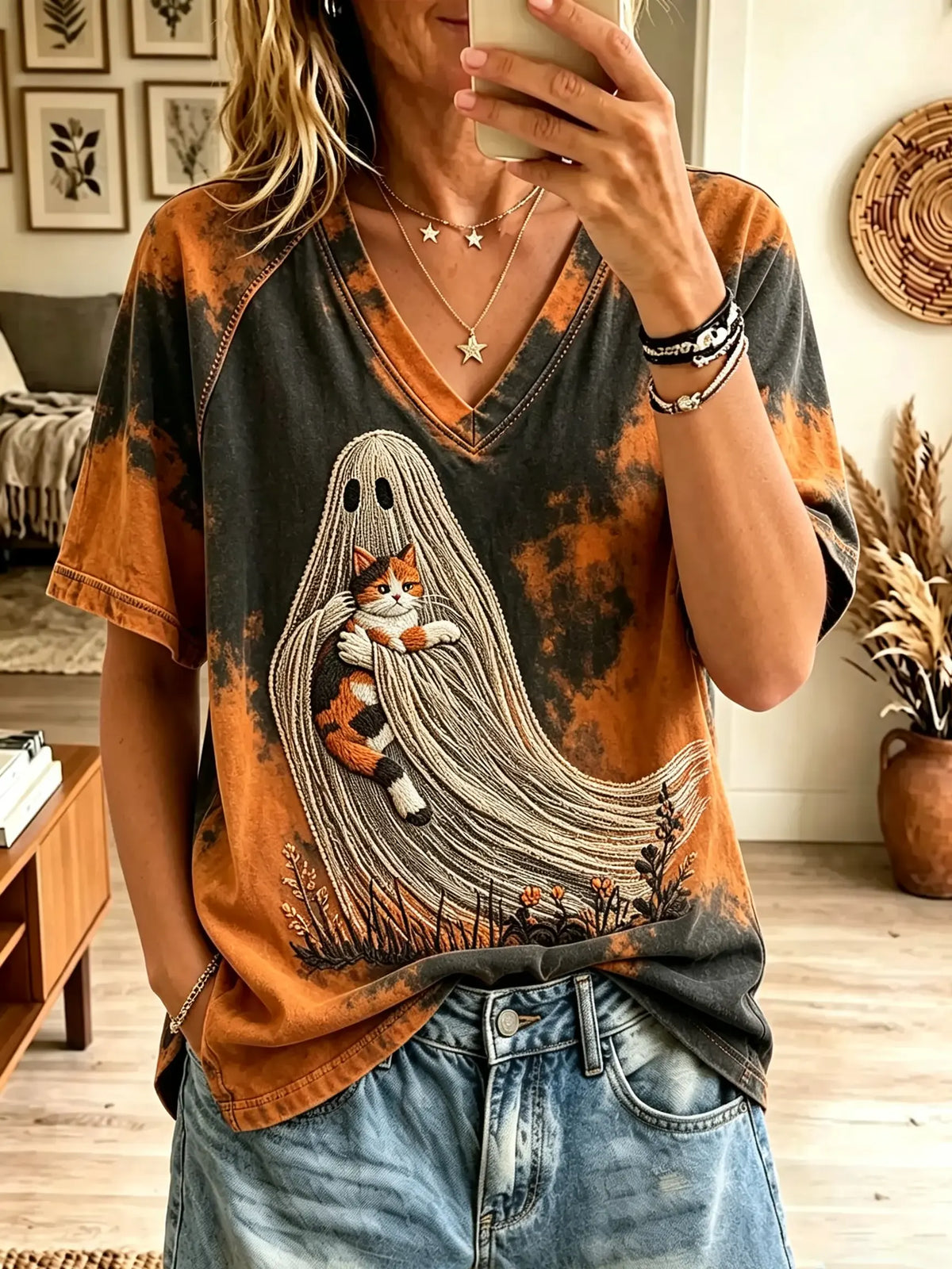 Women's Spooky Ghost Embracing Calico Cat Tie-Dye T-Shirt