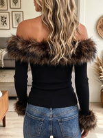 Women's Faux Fur Off-the-Shoulder Ribbed Knit Top