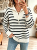 Elegant Stripe Pattern Zip Knit Art Casual Stylish Long Sleeve Sweater