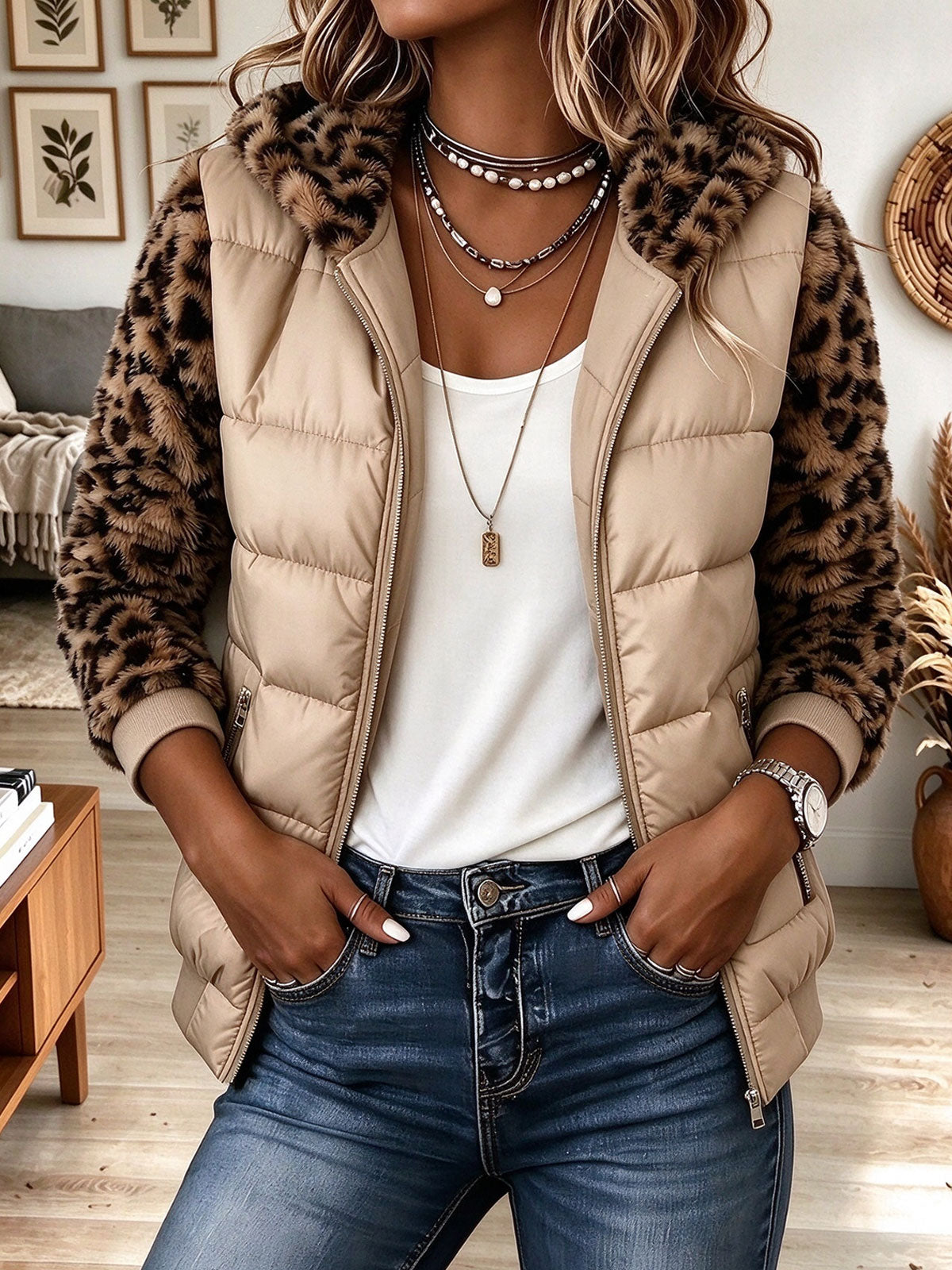 Women's Khaki Puffer Vest with Fluffy Leopard Print Hood and Sleeves