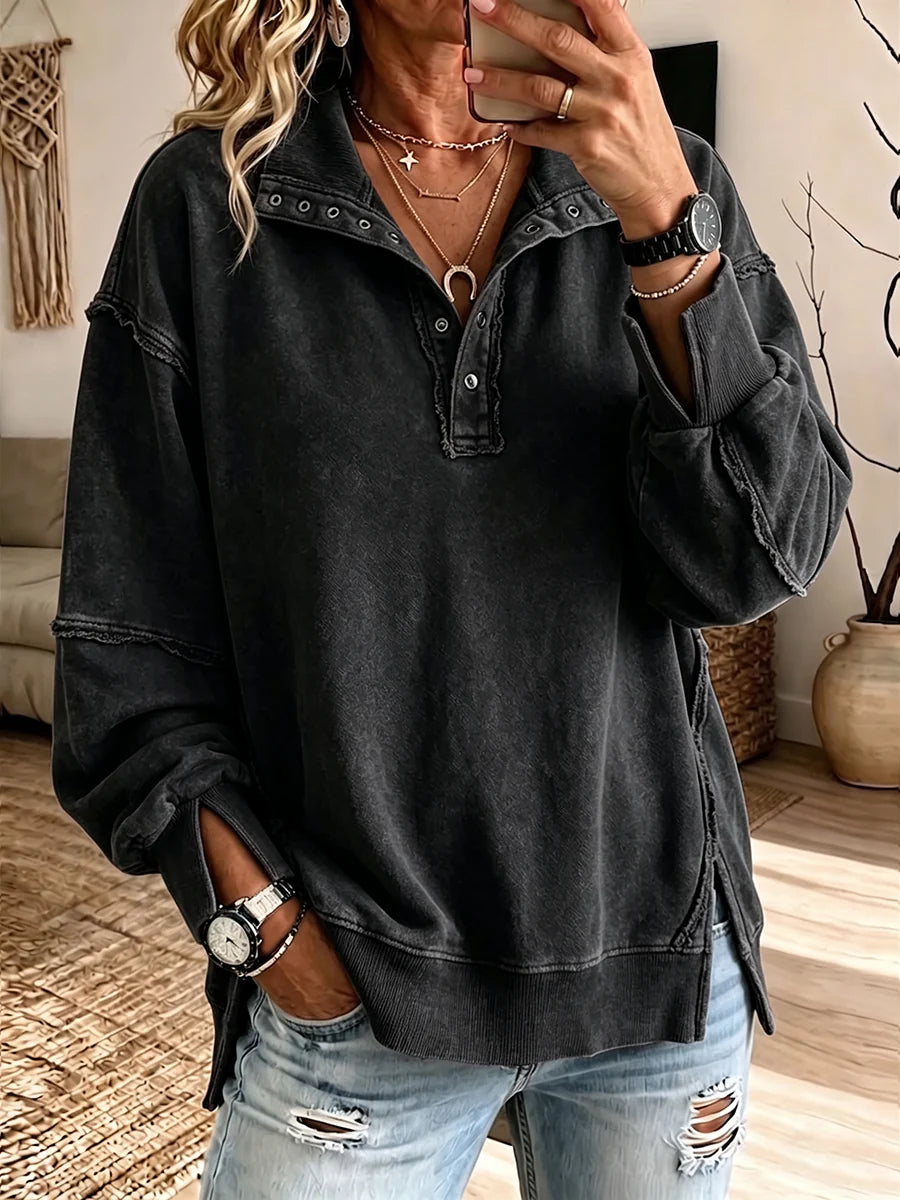 Retro Loose Art Casual Slit Side Stylish Long Sleeve Sweatshirt