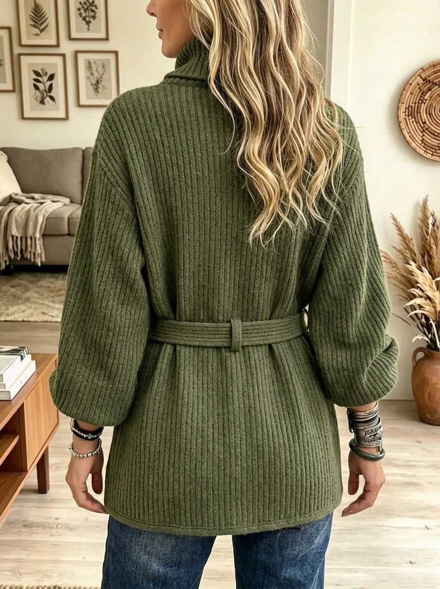 Women's Double-Breasted Belted Ribbed Knit Cardigan