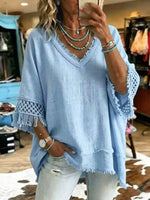 Retro Fringe Hollow Art Casual Stylish 3/4 Sleeve Cotton Linen Shirt