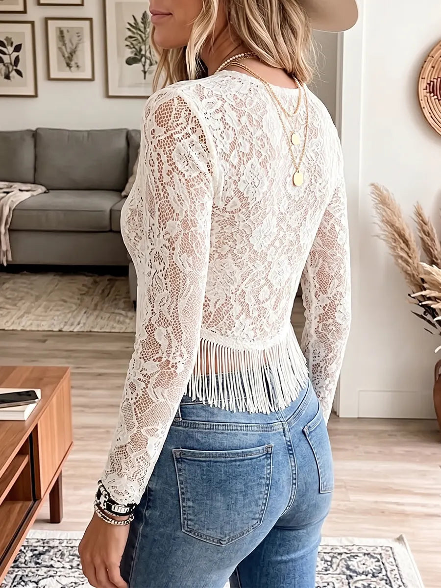 Vintage Elegant Tassel Patchwork Lace Shirt