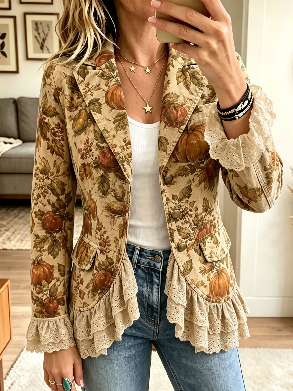 Women Pumpkin Floral Print Lace Ruffle Lapel Blazer Jacket