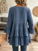 Women Blue Cotton Linen Tiered Ruffle Bell Sleeve Loose Babydoll Blouse