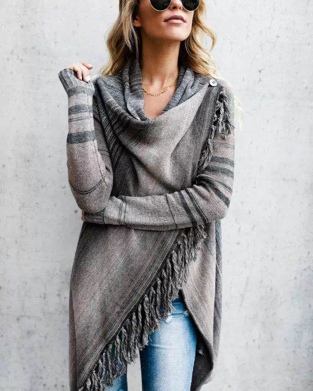 Women Striped Fringe Open Front Knit Cardigan