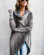 Women Striped Fringe Open Front Knit Cardigan