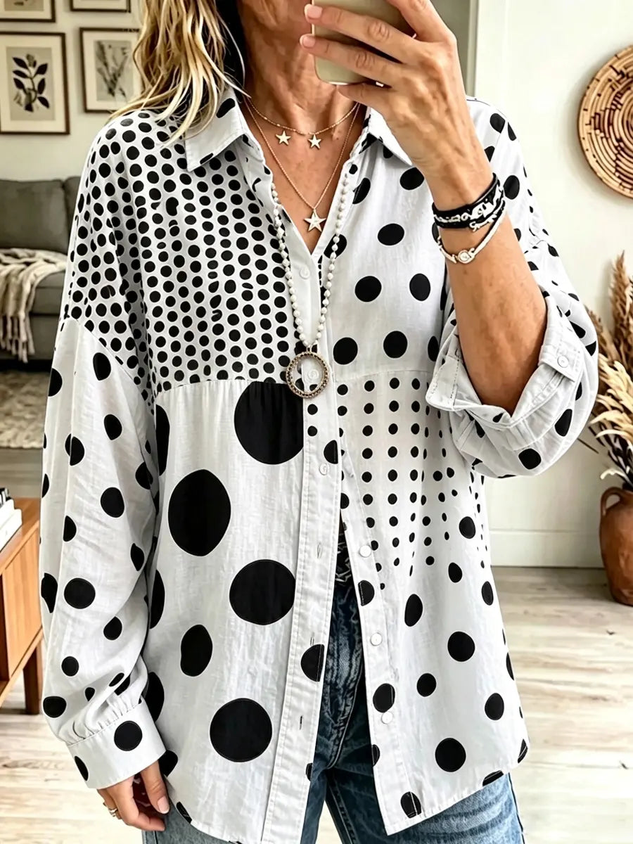 Retro Polka Dot Art Print Casual Stylish Long Sleeve Cotton Linen Shirt