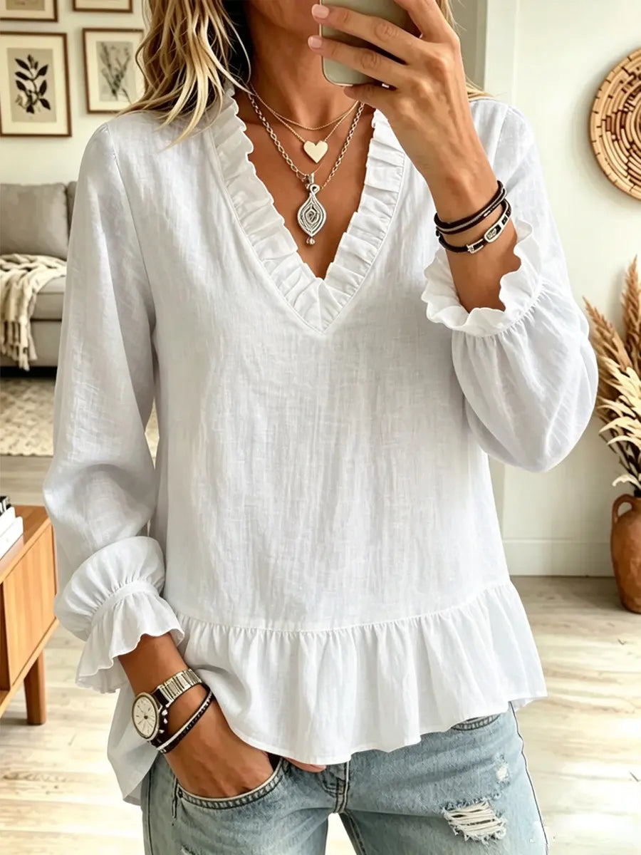 Retro Solid Color Ruffle Art V Collar Casual Long Sleeve Cotton Linen Shirt