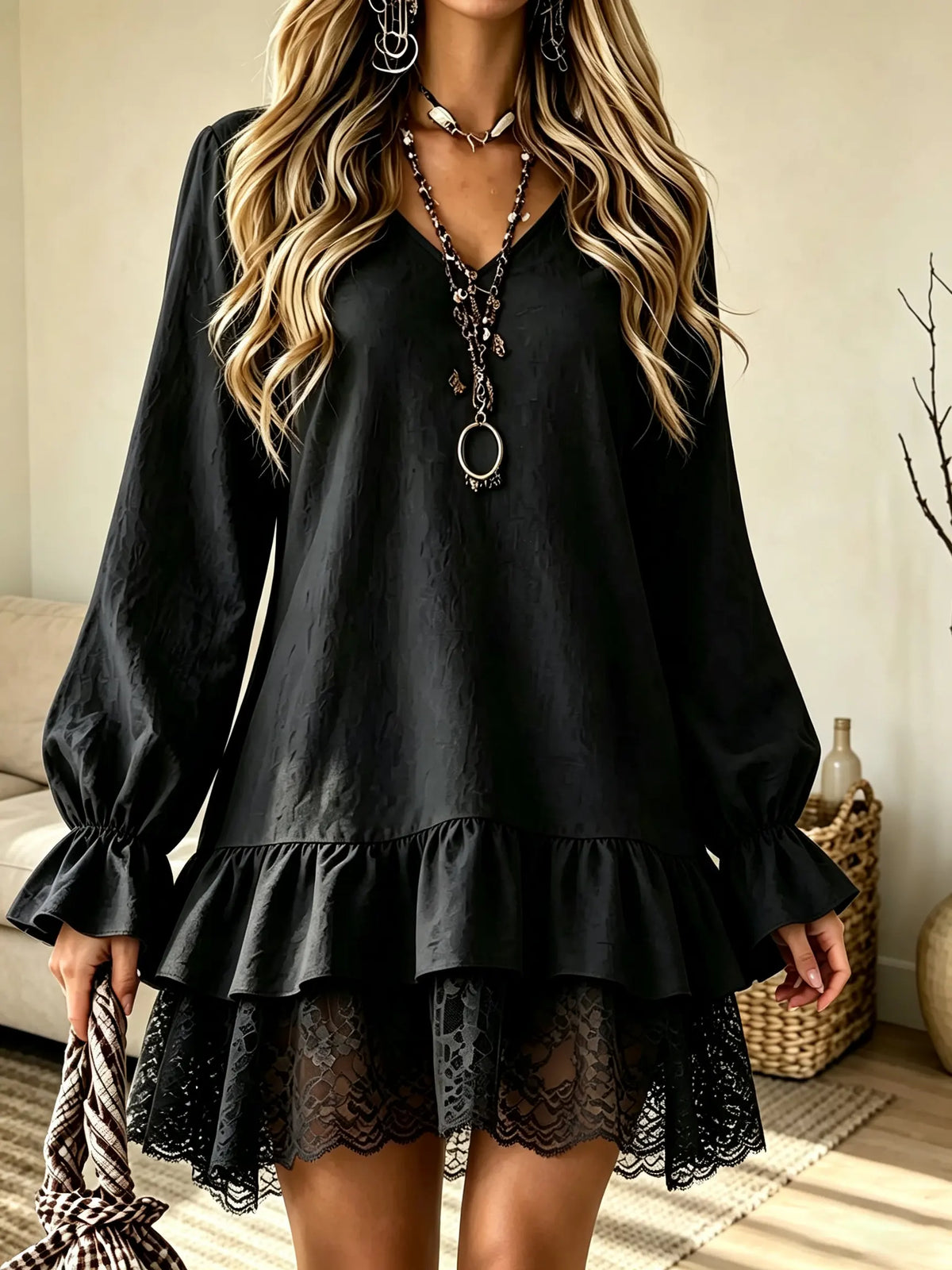 Women's Tiered Ruffle Lace Hem Babydoll Mini Dress