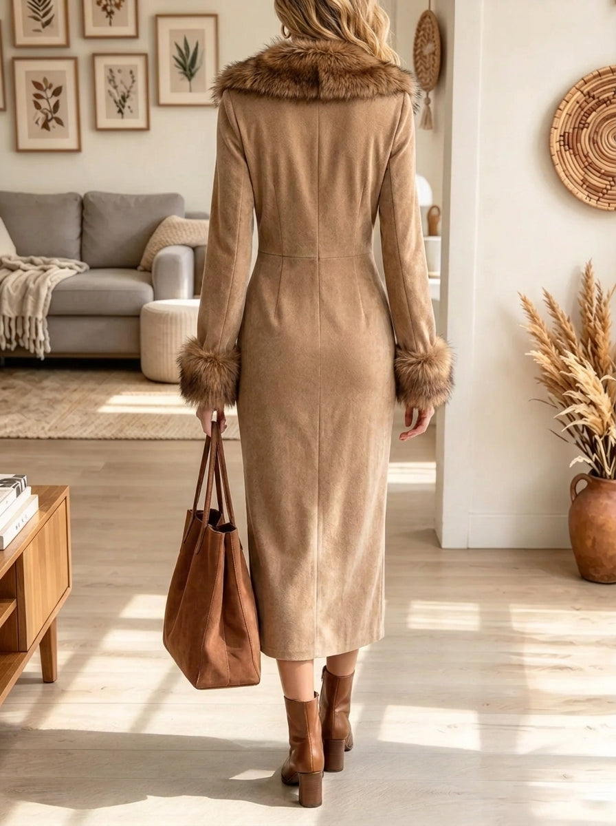 Women's Faux Fur Trim Button-Front Midi Dress