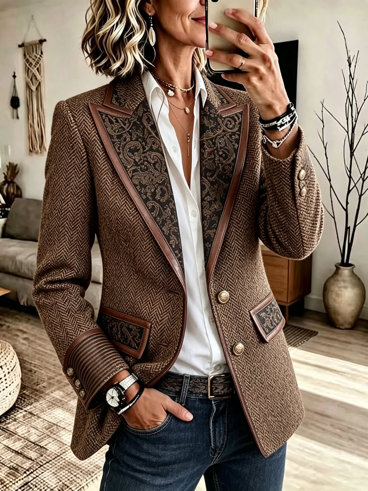 Women's Color-block Suit Collar Jacket