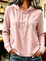 Women Solid Color Drawstring Hooded Long Sleeve Top With Pockets