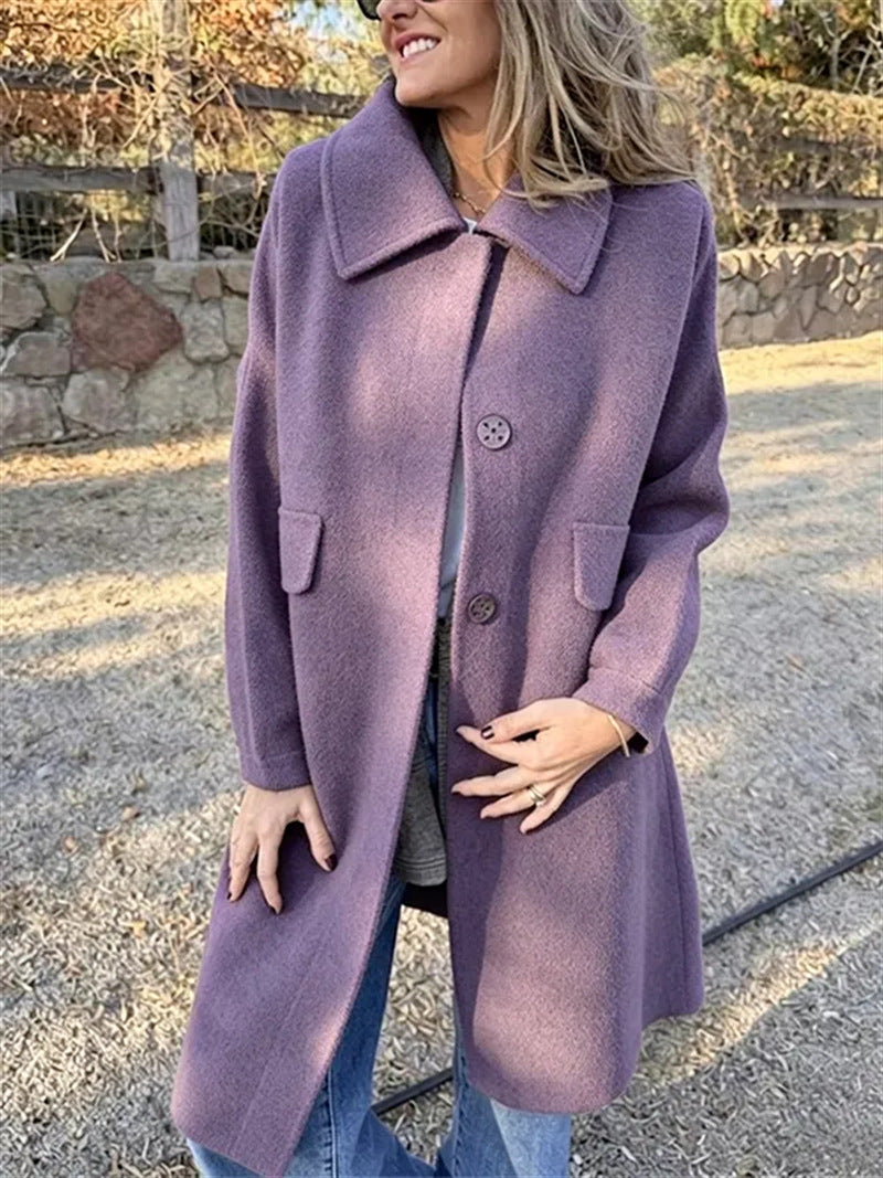 Women Dusty Purple Wide Collar Single Breasted Mid Length Wool Coat