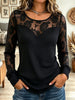 Women's Black Ribbed Knit Long Sleeve Top with Sheer Floral Lace Yoke