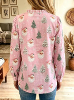 Women's Ruffled Plaid Santa Print Button-Down Shirt