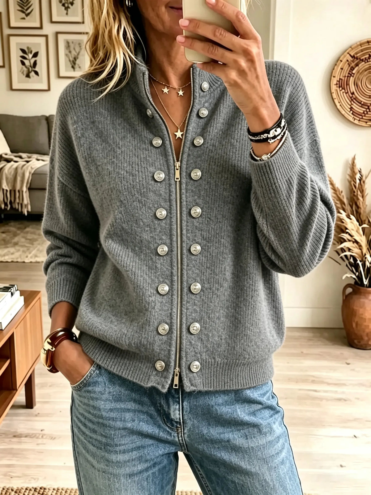 Women's Military Button Zip-Front Ribbed Cardigan