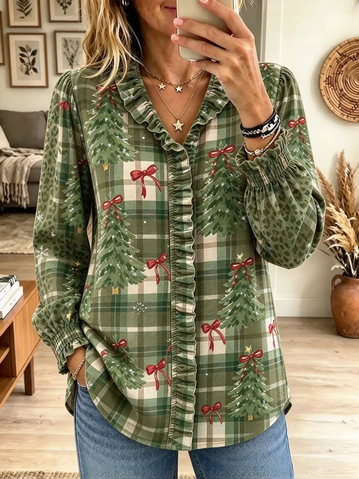 Women's Christmas Tree Plaid Ruffled Button-Down Blouse
