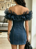 Women's Off-the-Shoulder Tulle Ruffle Denim Bodycon Dress