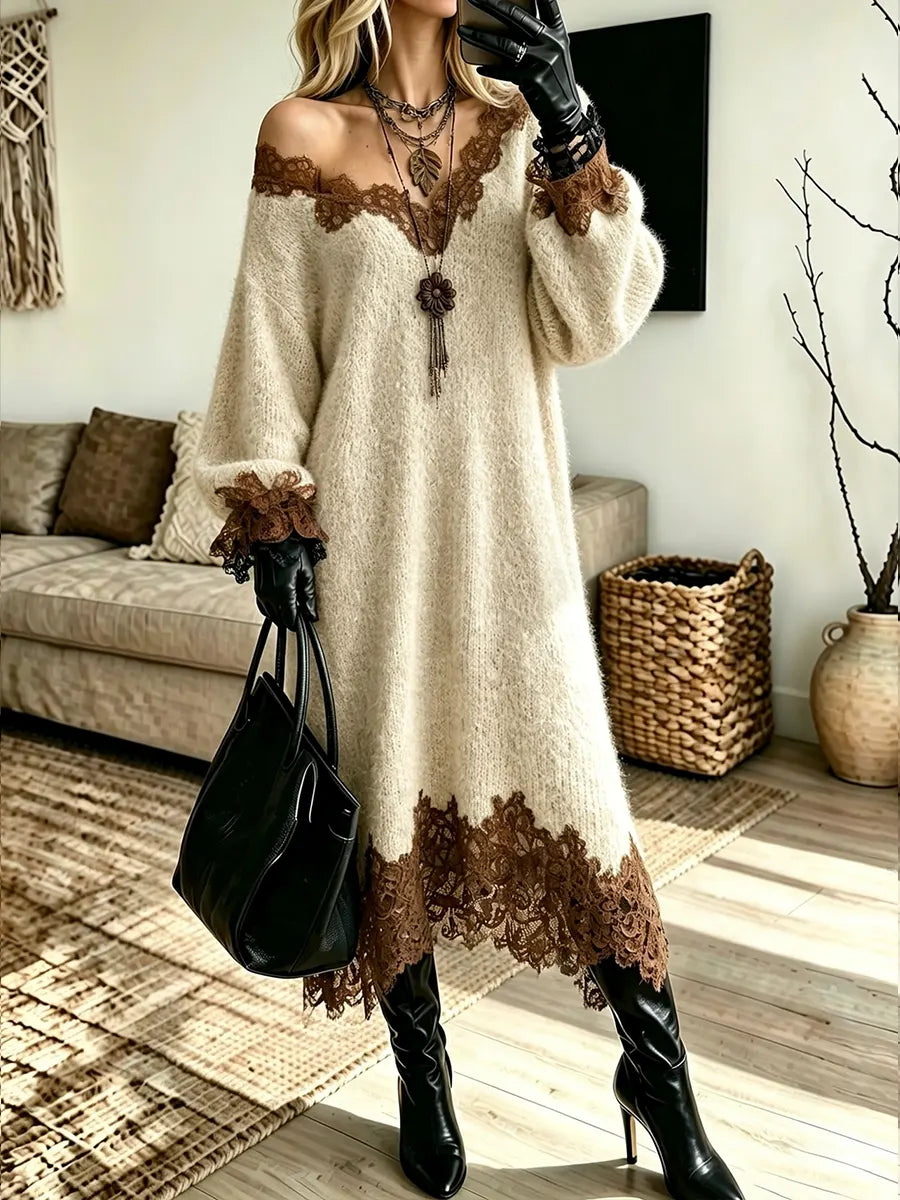 Women's Off Shoulder Lace Trim Knit Loose Oversized Long Sleeve Boho Sweater Dress