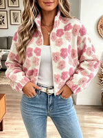 Retro Fuzzy Warm Floral Pattern Zip Art Casual Stylish Long Sleeve Coat