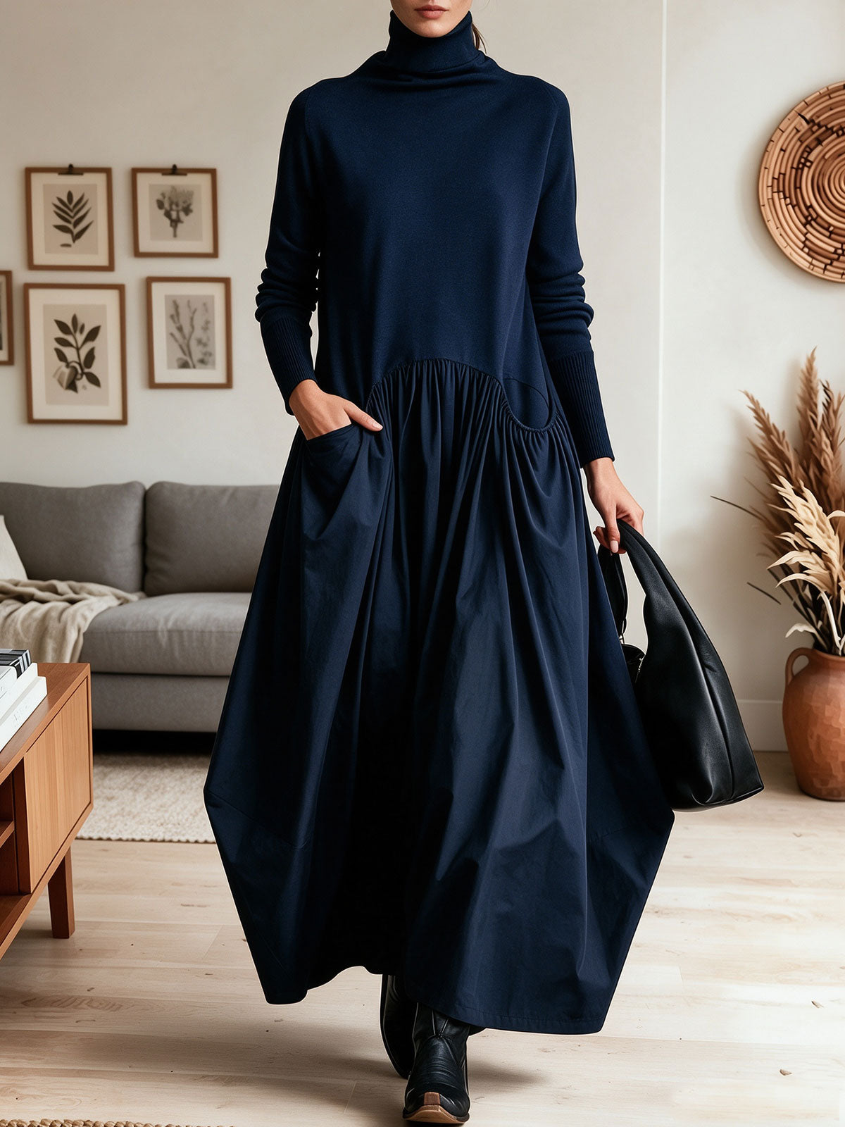 Women Turtleneck Knit Patchwork Maxi Dress, Loose Pleated Flowy Long Dress With Pockets