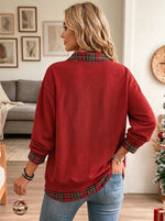 Women Santa Applique Plaid Fake Two Piece Christmas Sweatshirt
