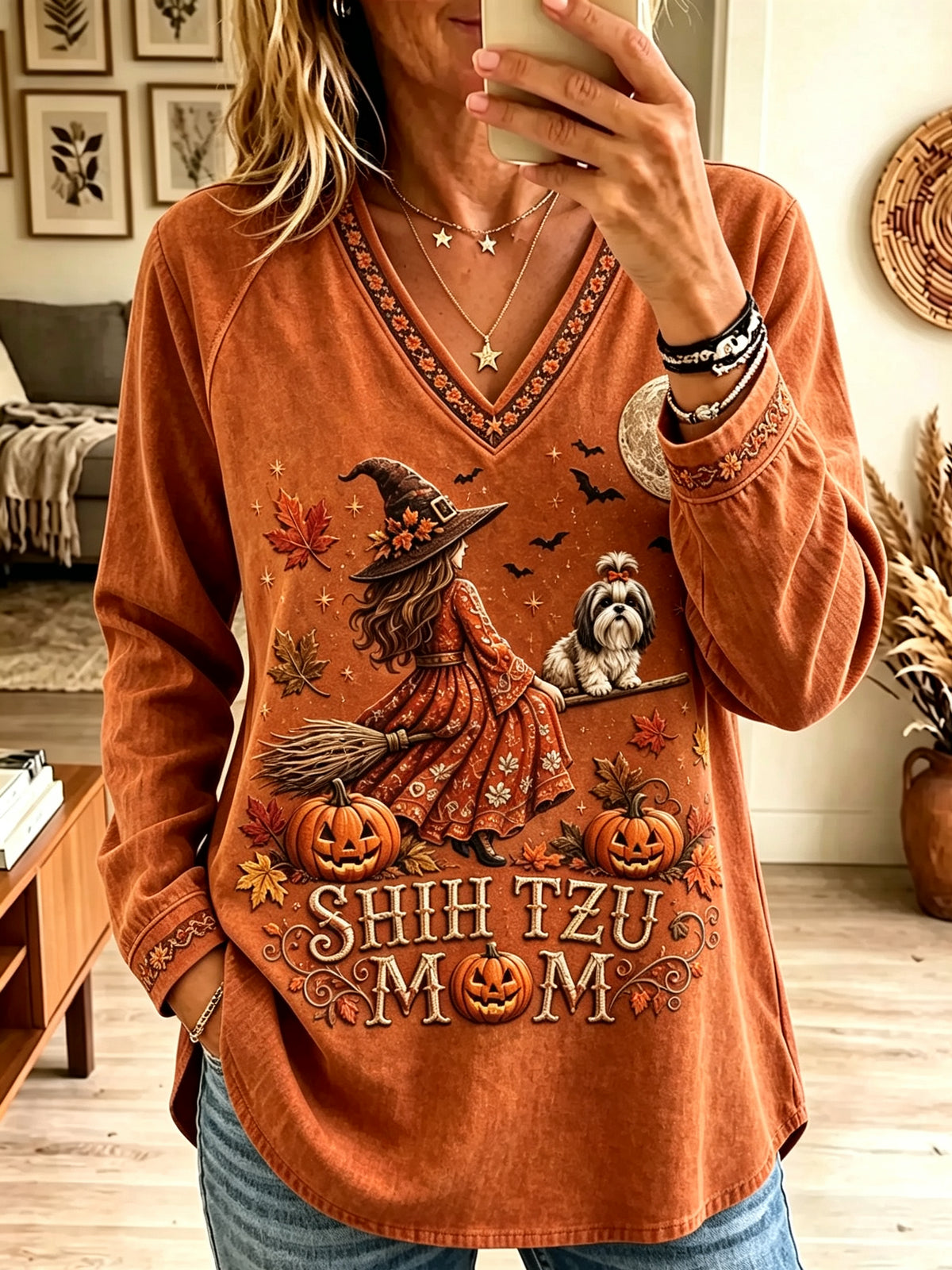 Women's Shih Tzu Mom Autumn Witch Long-Sleeve T-Shirt