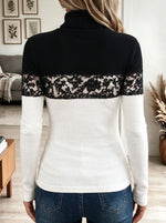 Women's Black and White Colorblock Turtleneck Knit Top with Lace Panel