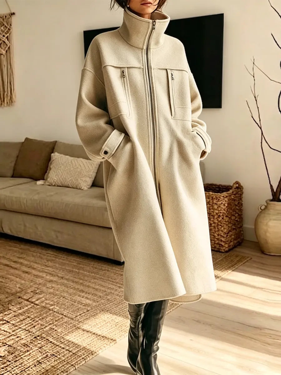 Retro Loose Zip Art Casual Pockets Stylish Stand Collar Long Sleeve Coat
