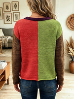Women Color Block Asymmetric Button Knit Cardigan with Pocket