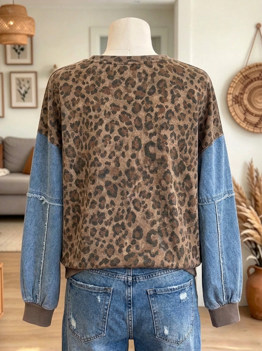 Women's Denim Bow Leopard Drop-Shoulder Sweatshirt