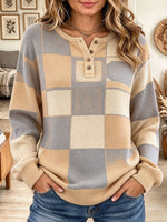Women's Neutral Colorblock Checkerboard Plaid Knit Henley Sweatshirt