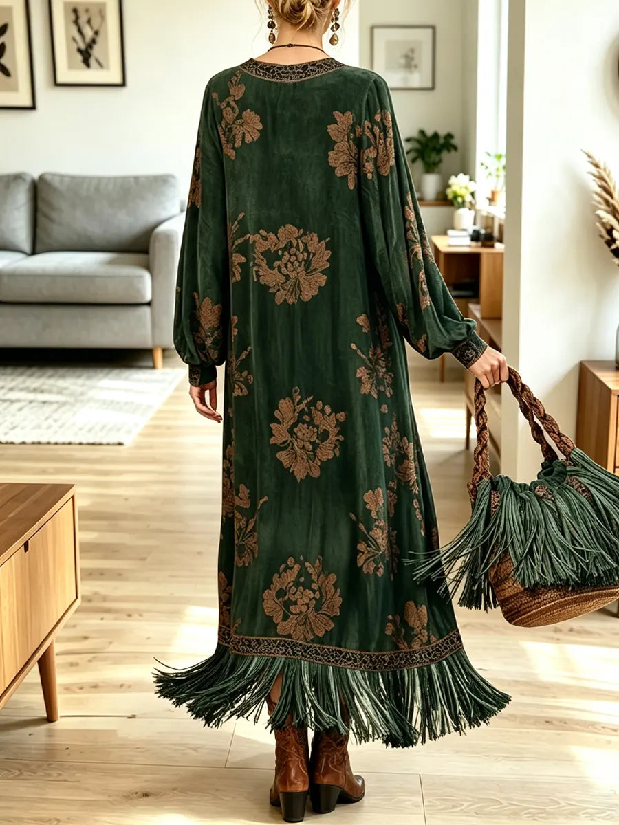 Vintage Floral Pattern Art Fringe Casual Stylish Long Sleeve Dress