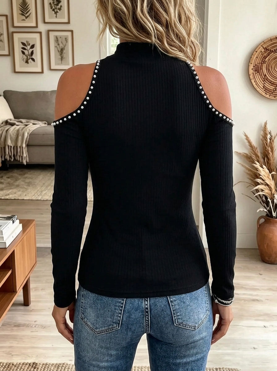 Women's Pearl Beaded Cold-Shoulder Ribbed Top