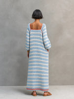 Women Square Neck Stripe Knit Long Sleeve Pocket Maxi Dress