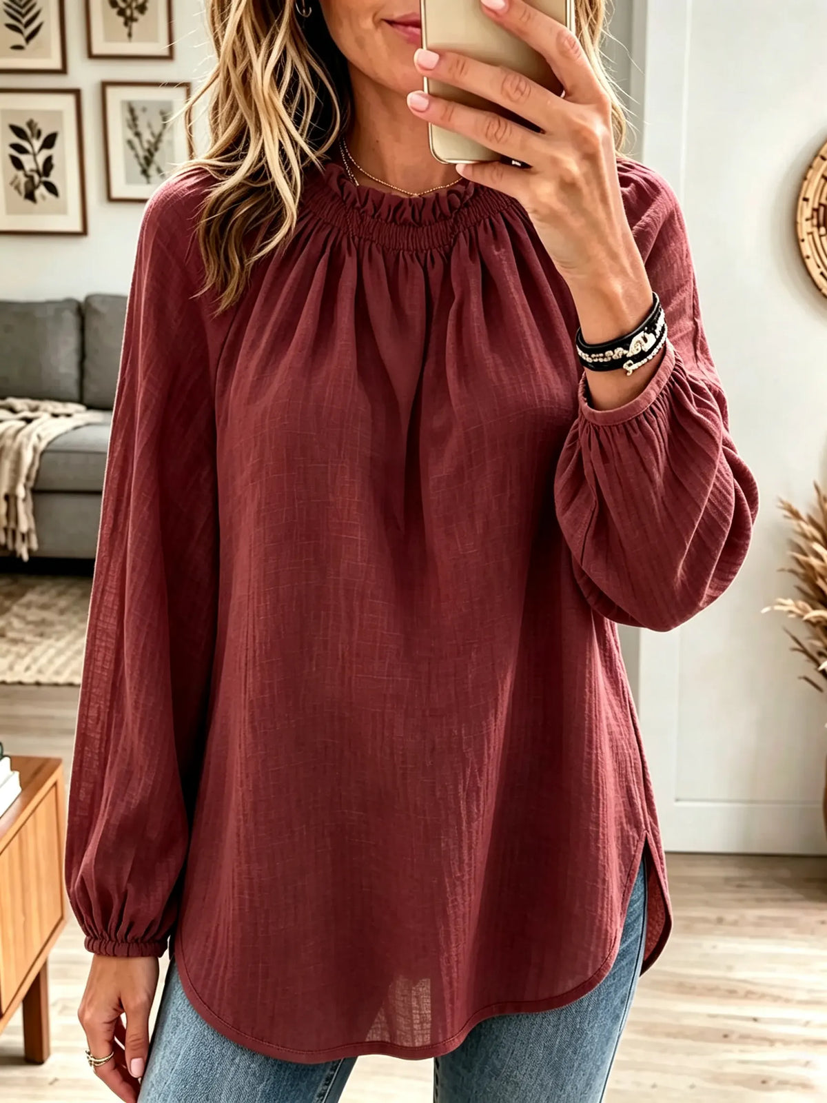 Women's Ruffled High Neck Balloon Sleeve Blouse