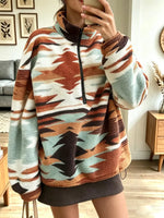 Retro Geometric Pattern Fleece Art Casual Stylish Long Sleeve Zip Coat
