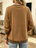 Women Fall Pumpkin Graphic Plaid Trim Long Sleeve Casual Sweatshirt