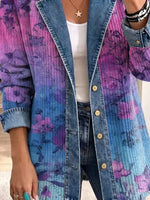 Retro Floral Pattern Art Casual Denim Patchwork Stylish Long Sleeve Coat
