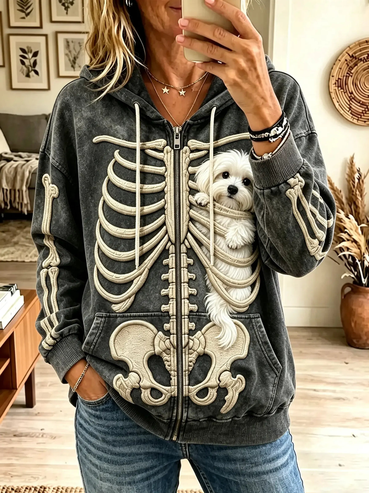 Women's Skeleton Ribcage Puppy Full-Zip Hoodie