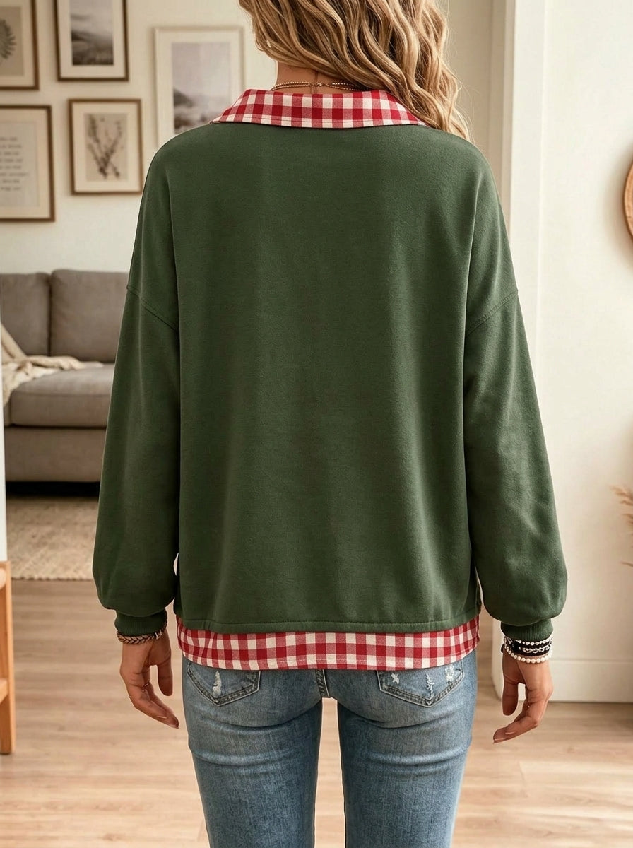 Women Merry Christmas Tree Print Plaid Fake Two Piece Sweatshirt