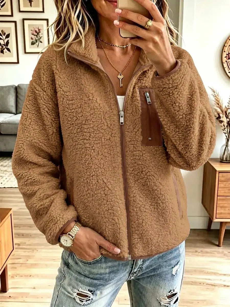 Retro Zip Fleece Pockets Art Casual Stylish Long Sleeve Coat